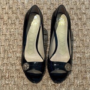 Joan & David Black Patent Leather Peep Toe Heels